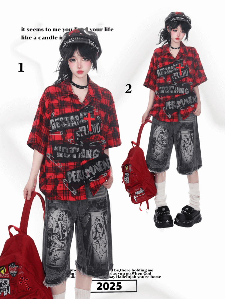 Dunkelgraue Jeansshorts mit offenem Saum und monochromem Comic-Print