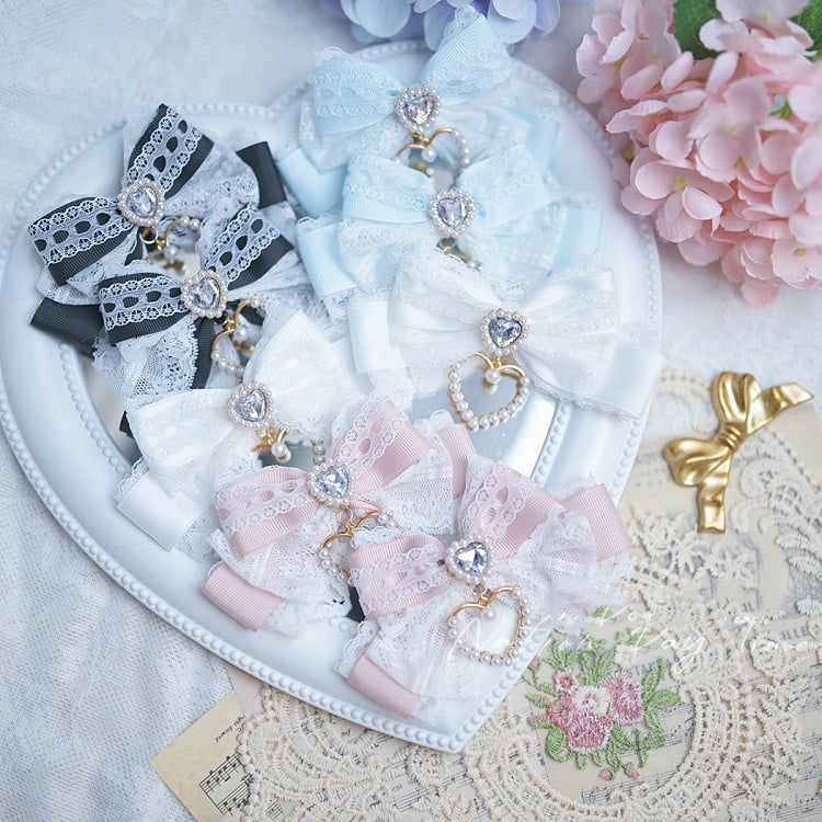 Herz Strass Jirai Kei Spitze Schleife Haarspangen Blau/SchwarzWeiß/Weiß Rosa/Hellstaubig