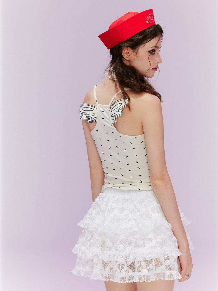 Beige Allover Design Back Cami Top Bowknot Print Wing