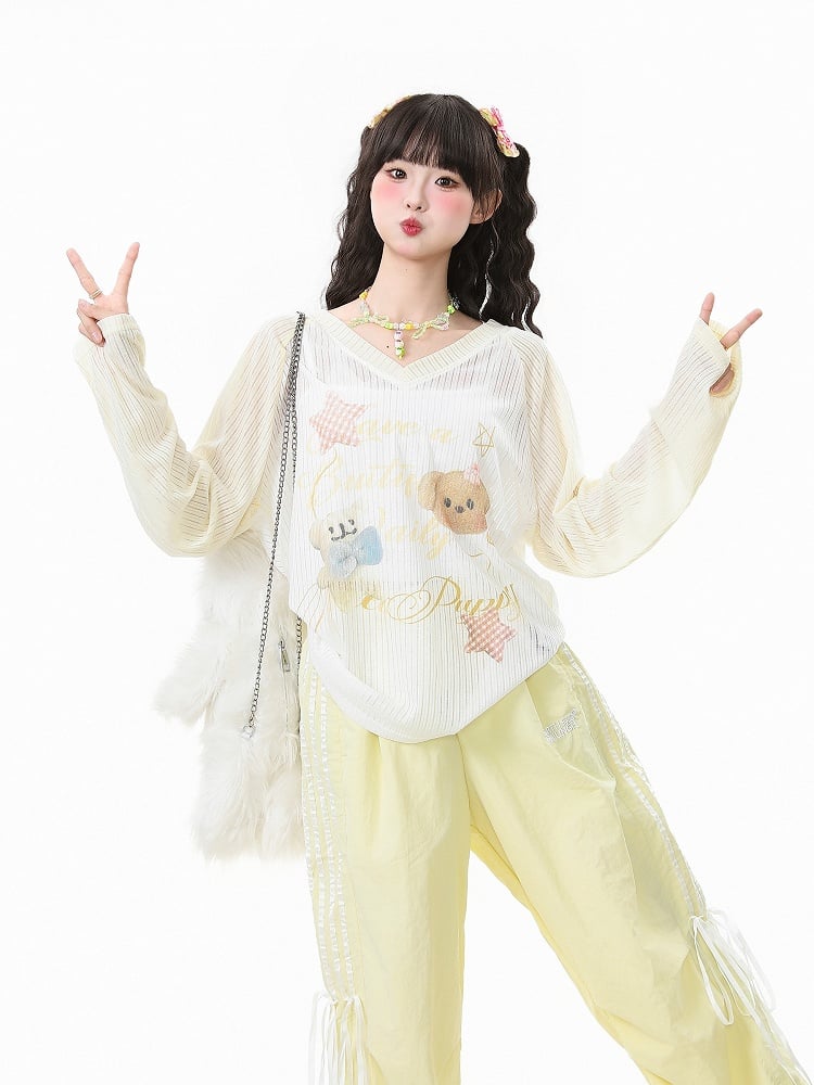 Apricot/Pink/Green Kawaii V-Neck Knit Top with Puppy Print - Long Sleeve Pullover