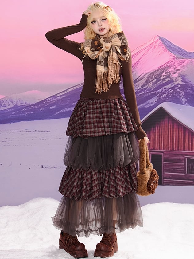 Grey Purple Plaid Patchwork Tiered Tulle Bubble Skirt