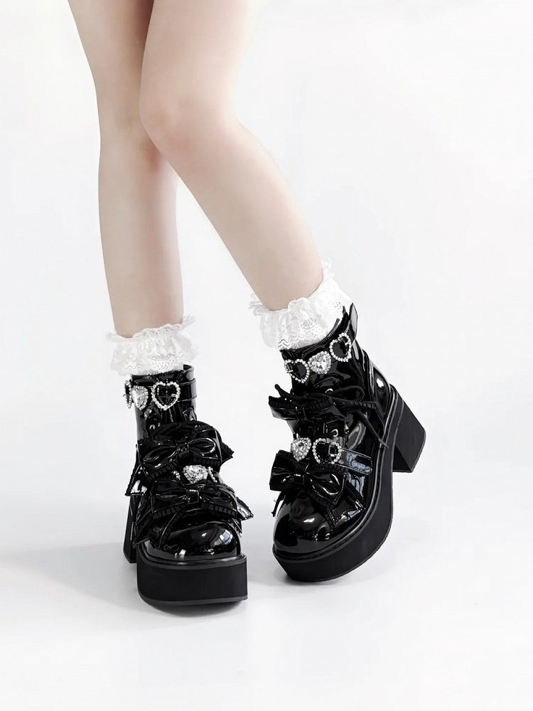 Plateau Stiefeletten Schnallen Jirai Kei Poliert und Schwarz Strass Sweetheart mit