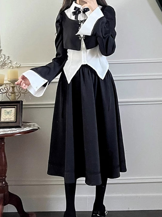 黒と白のゴシックなバタフライバックルフェイクツーピースデザイントップ+黒のティー丈スカートセット