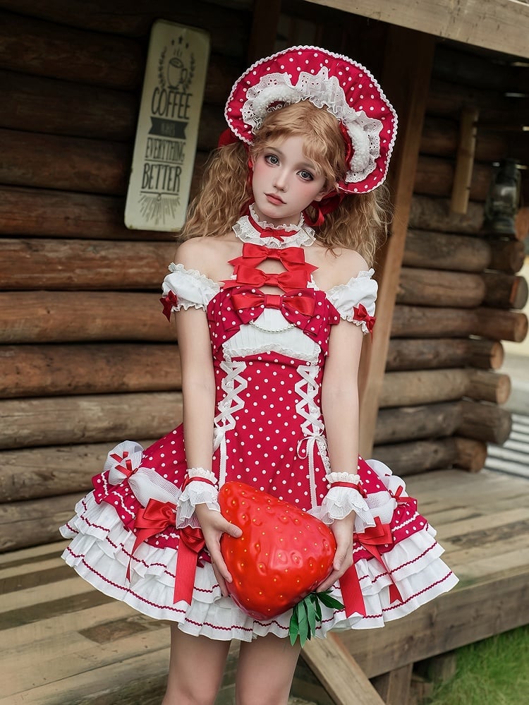 und Puffkleid mit gepunkteten Ärmeln, Schul-Polka-Lolita-Ausschnitt mit altroten Akzenten, Neckholder-Schleife