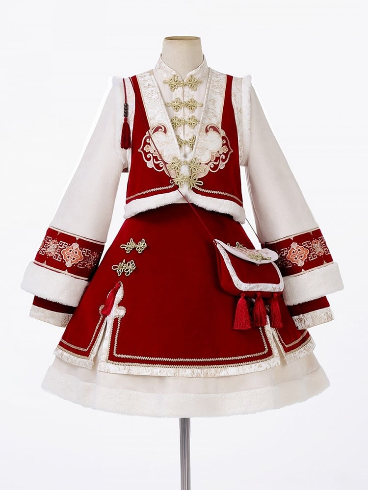 Red New Year Knot Buttons Banded Collar Lolita Dress Vest Tassels Crossbody Bag Full Set