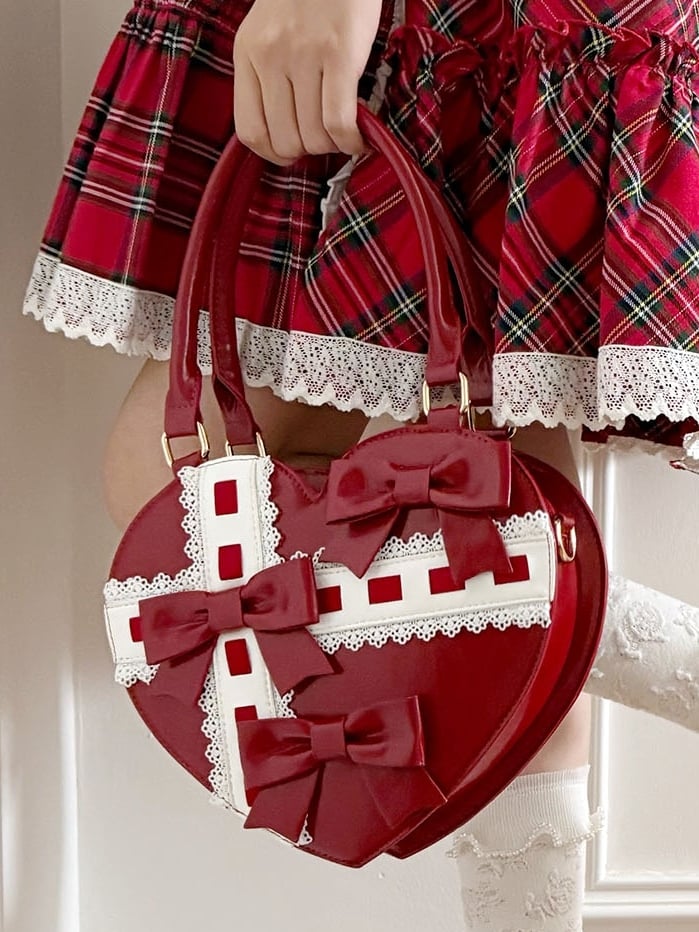 Lolita-style Cross Linear Details Bowknot with and Hand Design Abstract Red Bag Heart-shaped
