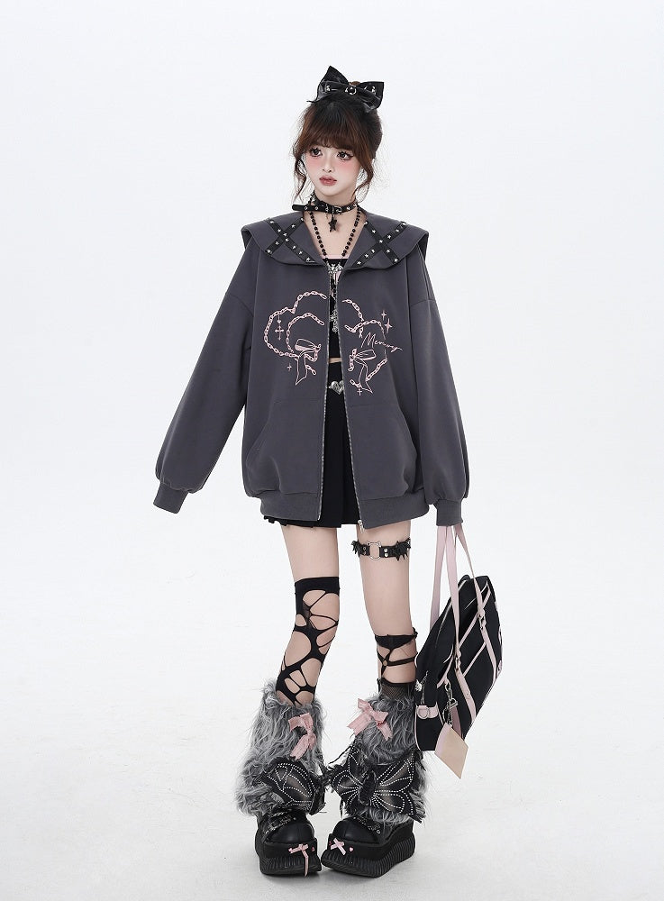 Rosa/graue bedruckte Jacke mit Matrosenkragen und Reißverschluss