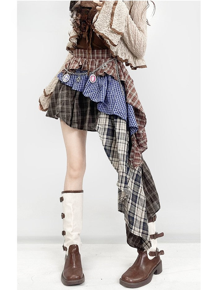 Millard Plaid Brown Skirt Tiered Fashion Asymmetrical Hem Pattern