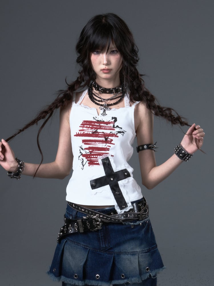 White Punk Star Graffiti Cami with Lace Studded Cross Top