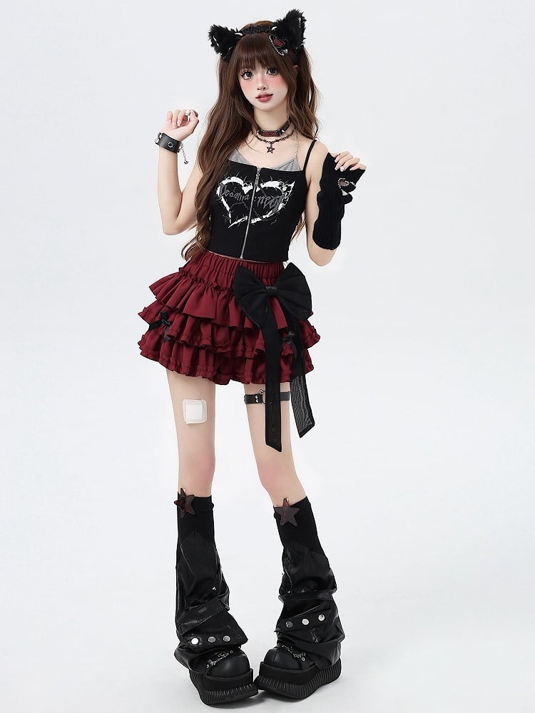 Skirt with Bow Bowknots Sweet Tiered Red Big Free