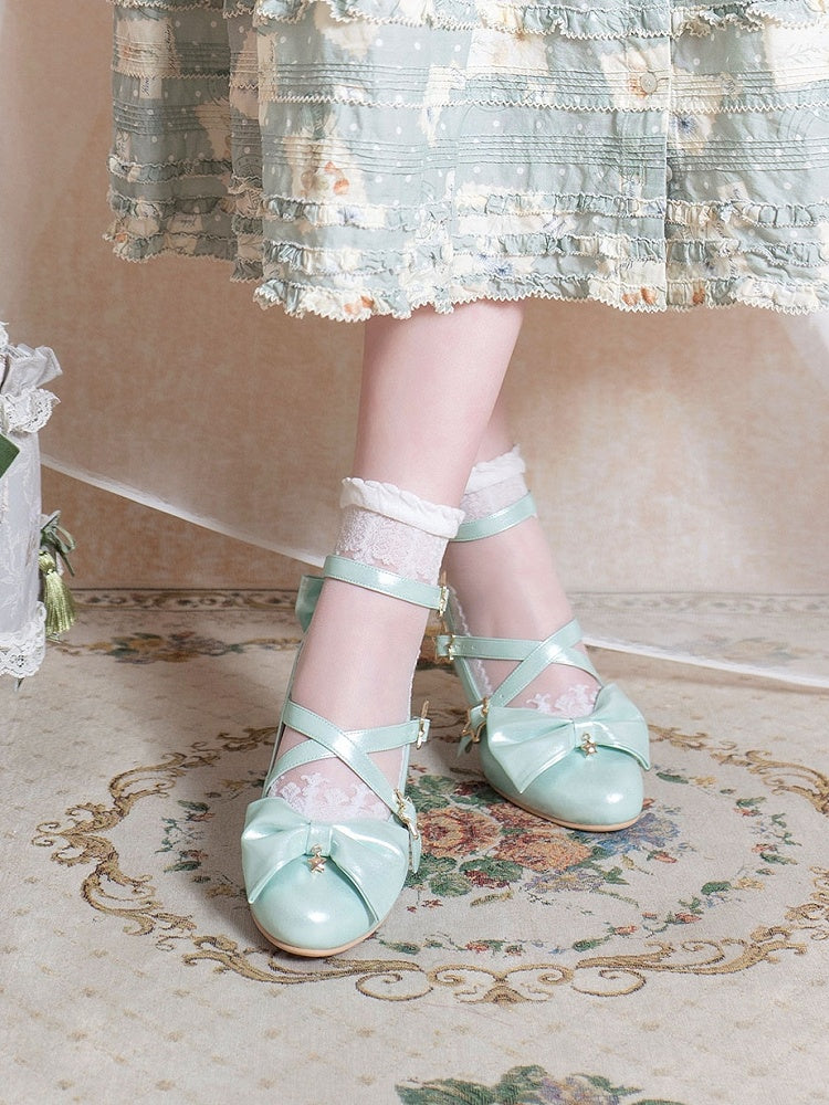 Riemen – Süße 6,5 cm Schleife Lolita Crisscross mit Sternschnalle Stil Absatzschuhe Grüne Akzente