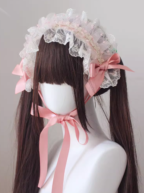 Bowknot Details Polka-Dot Pattern Lace Pink Hairband
