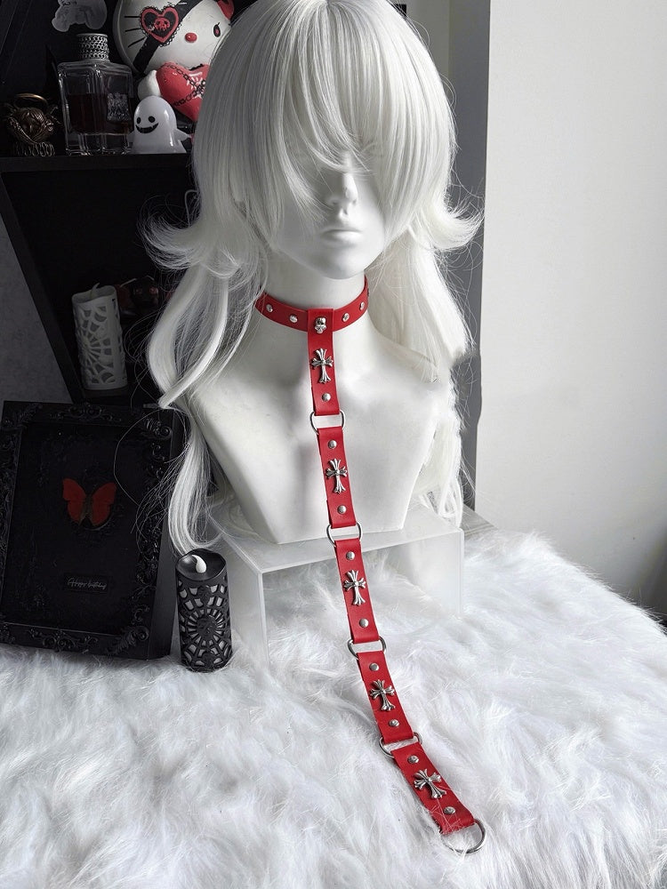 Kette Choker Punk Schwarz/Rot PU Kreuz Verziert Stud und
