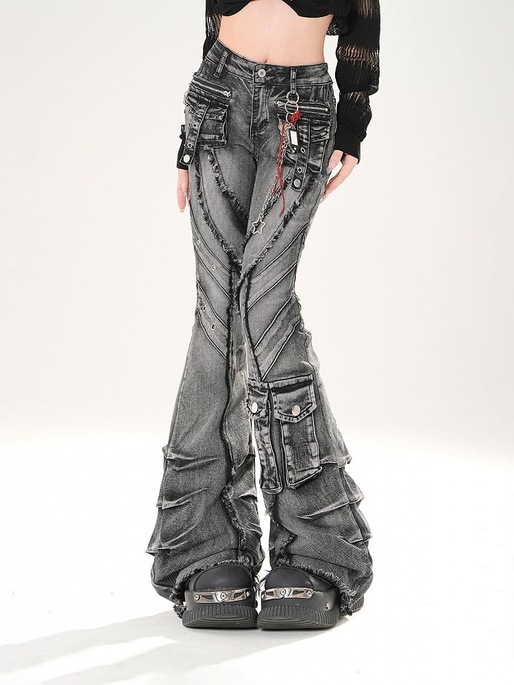 Wash Flared Jeans Cargo Pockets Raw Hem Distressed Faded Black