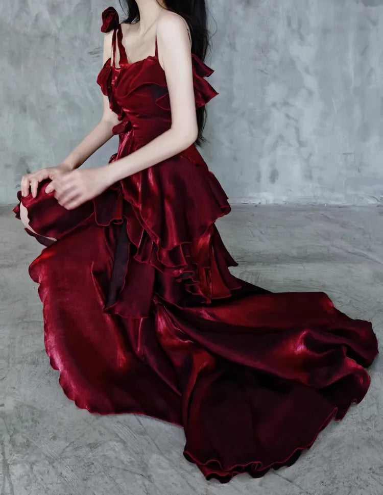 Red Shimmer Asymmetrical Layered Flounce Spaghetti Strap Prom Dress Evening Gown