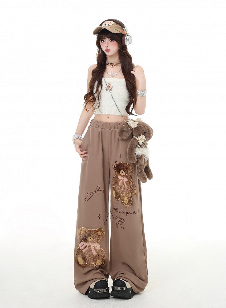 Coffee/Gray Plush Teddy Bear Applique Straight-Leg Pants