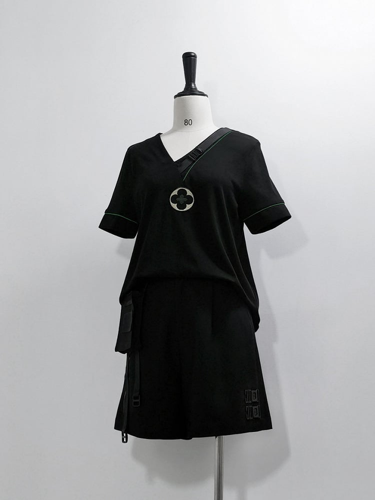 Techwear Strap Black T-shirt Ouji Fashion Buckle V-neck