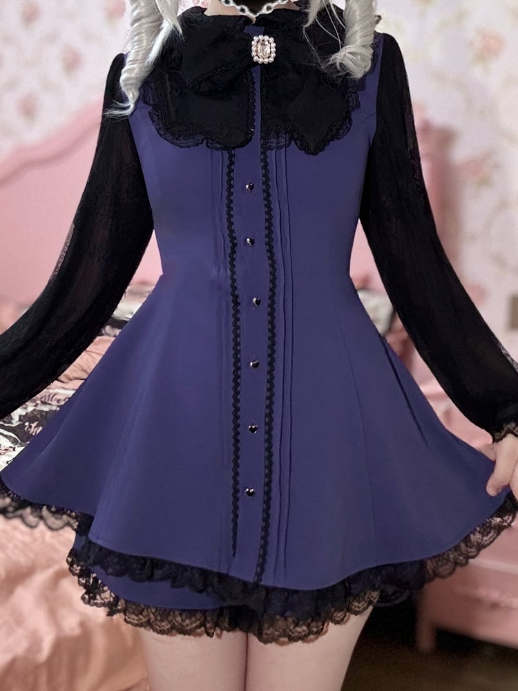 Passendes Kei Jirai Herzärmel-Knöpfe-Kleid im Mini-Stil mit – Lila Spitzenshorts Schwarz