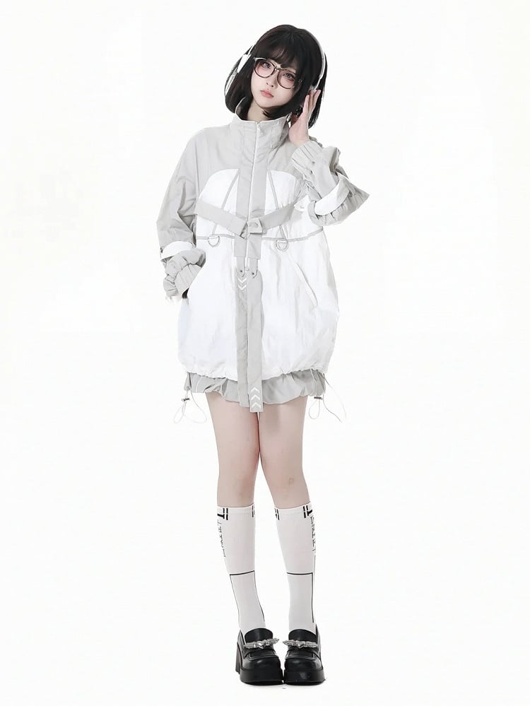 and White Techwear Sun Protection Jacket Gray Hem Colorblock Drawstring
