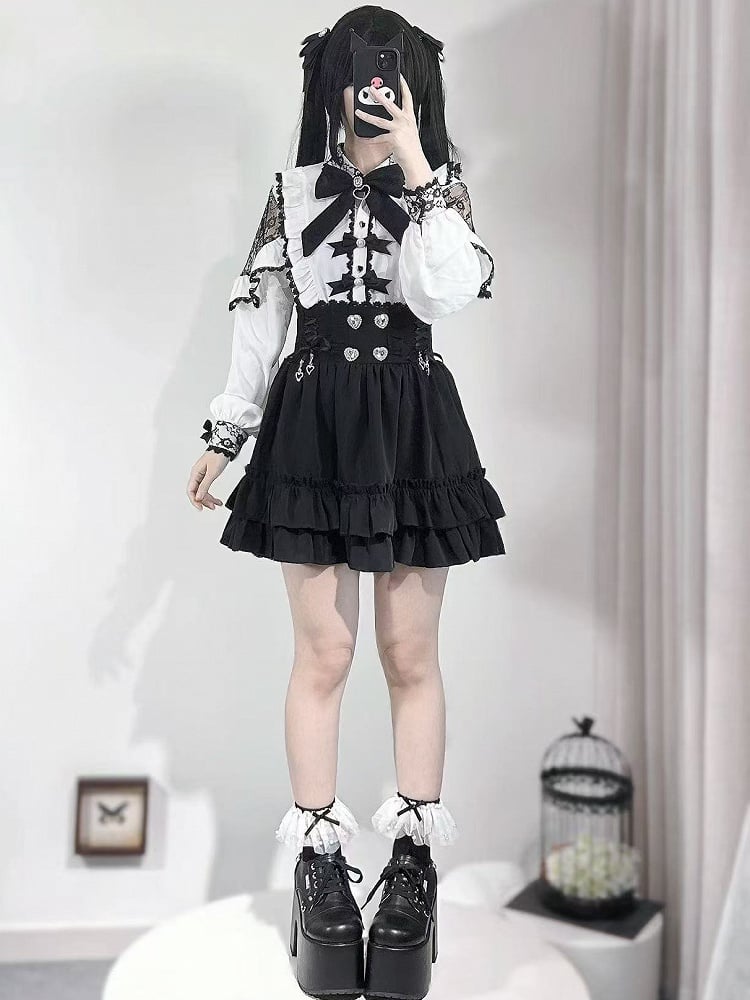 White Trim Jirai Rhinestone Details Kei Bowknot And Blouse Decorated Beaded Ruffles