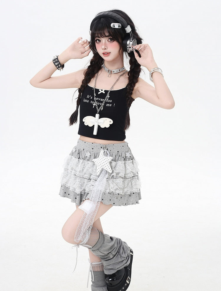 Skirt Gray/Black Elastic Waist Star Appliques Lace Trim Tiered Knit Light