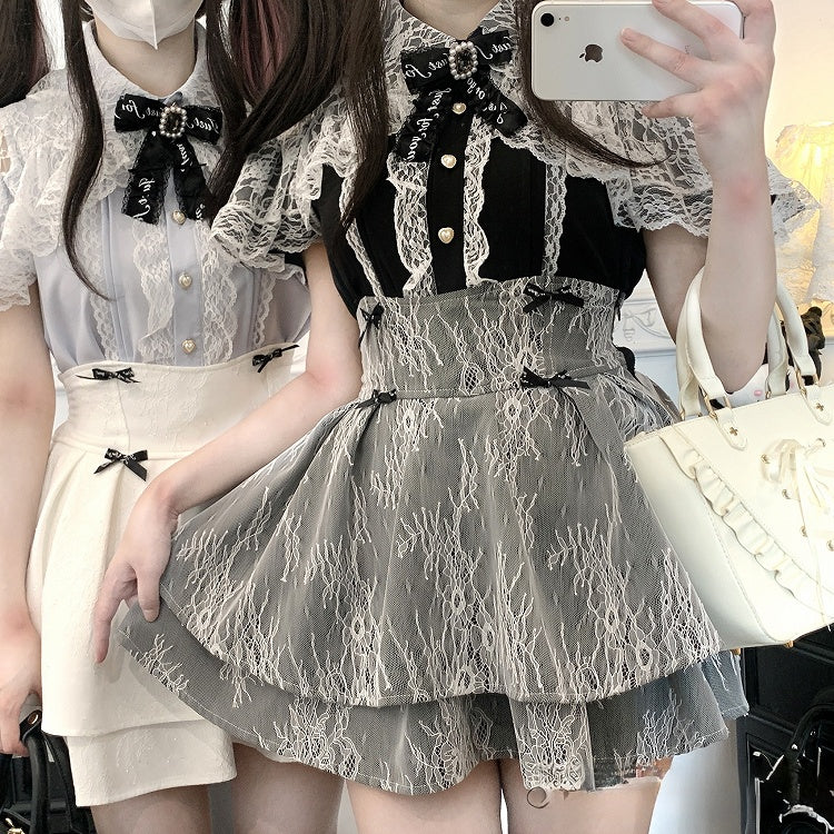 Jirai Kei Black/Blue/White Cutout Shoulder Cape Design Lace Blouse