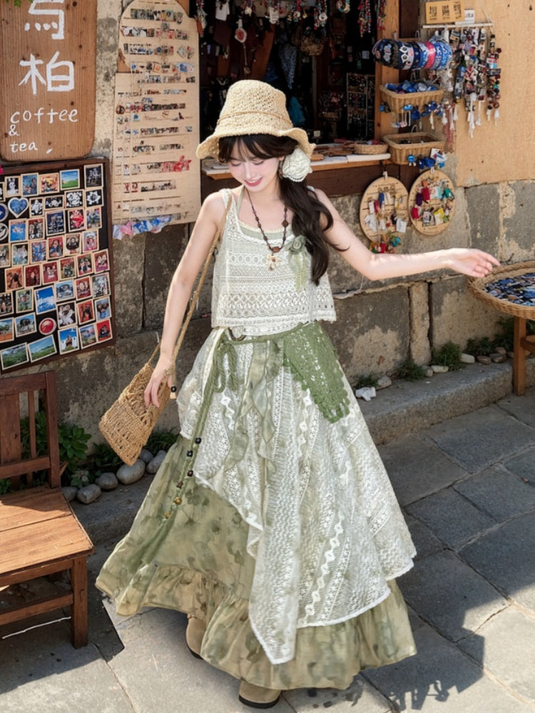 Dye Lace Patchwork Design Long/Short Tie Skirt Version Kei Green Mori