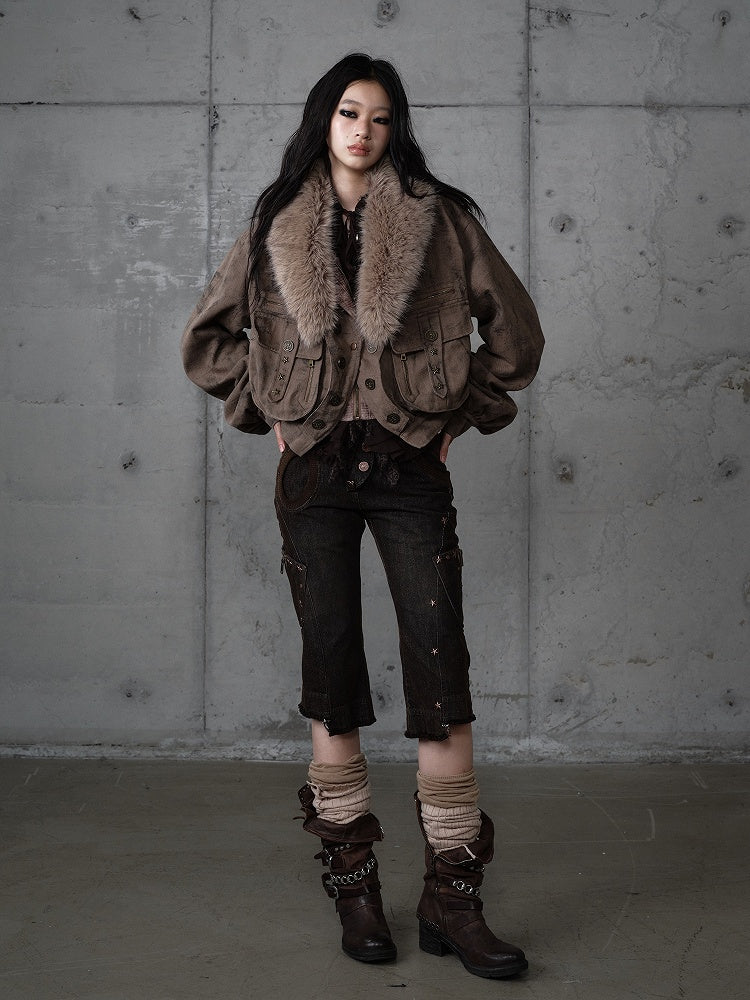 Coffee Pockets Detachable Studded Punk 3D Suede Collar Jacket Fur with Zipped Faux