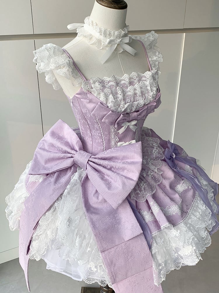 Balletcore with Lolita Purple Detachable Dress Bows Waist Boned