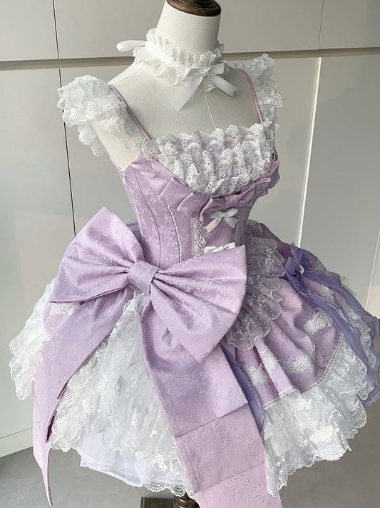 Balletcore with Lolita Purple Detachable Dress Bows Waist Boned