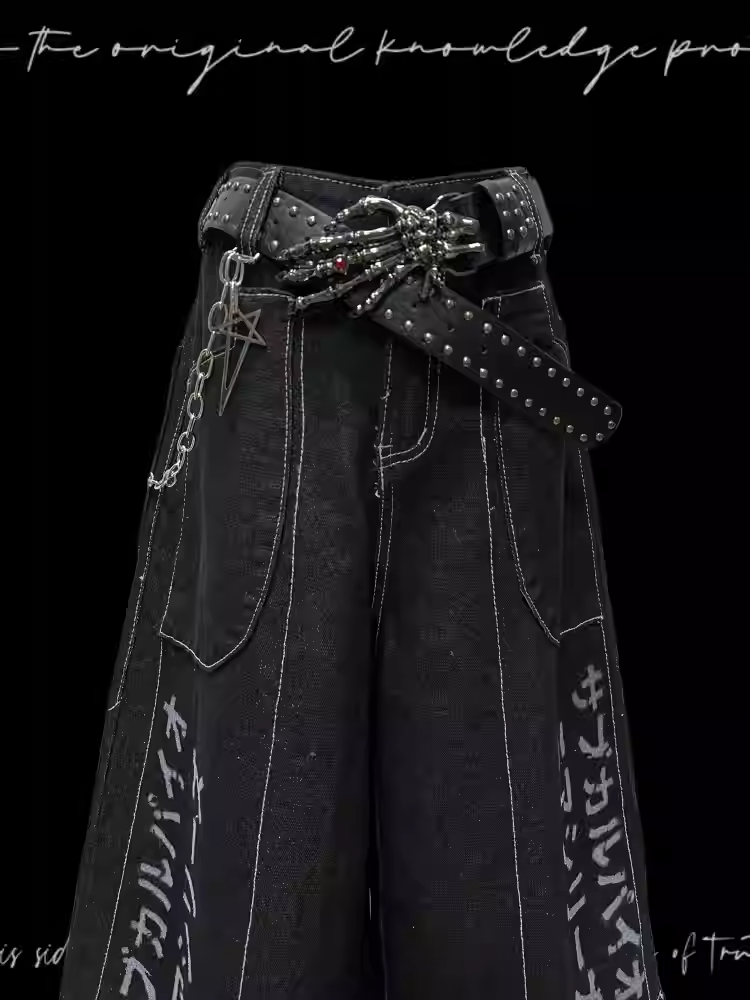 Denim Shorts Y2K Black Letter Print Wide-leg