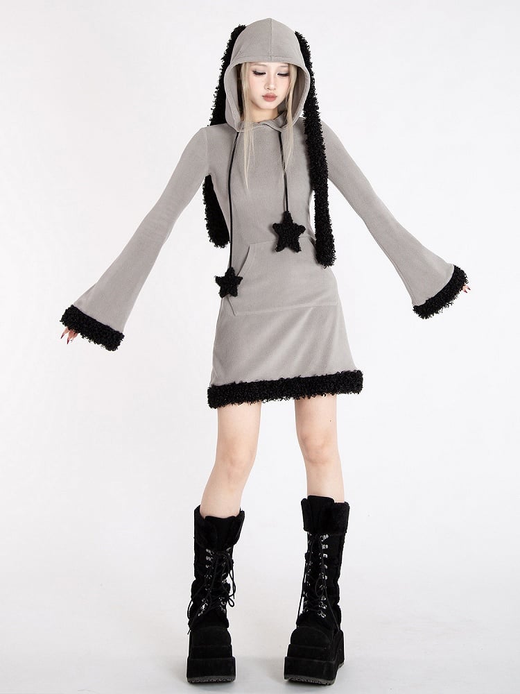 Y2k Gray Bunny Ear Hood Bell Sleeves Plush Trim Dress with Star Straps