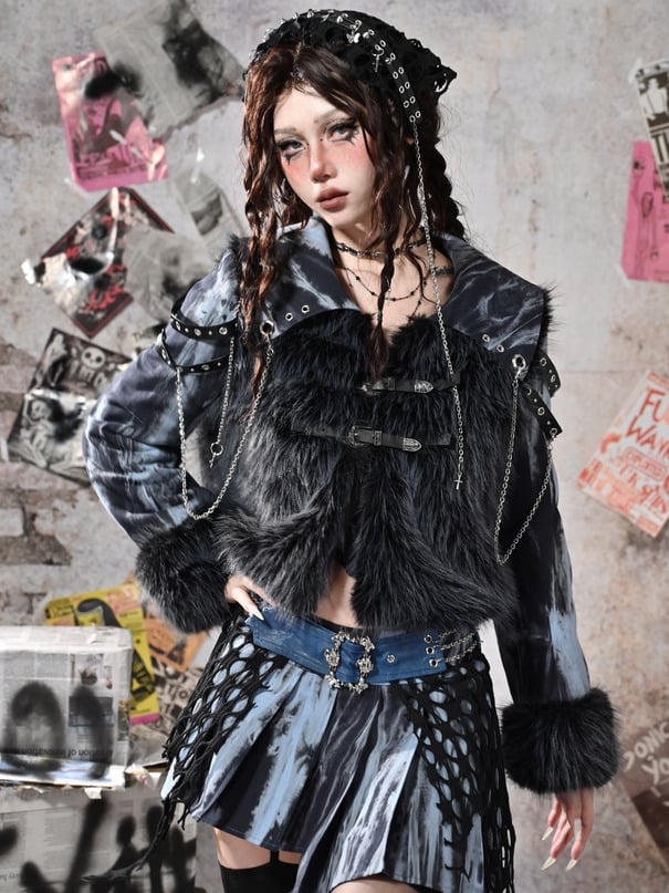 Grunge Punk Rock Blau Kunstpelz Patchwork Jacke Kette Detail