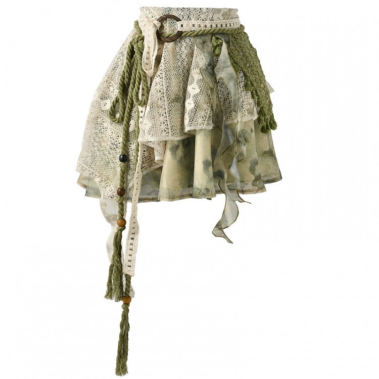 Dye Lace Patchwork Design Long/Short Tie Skirt Version Kei Green Mori