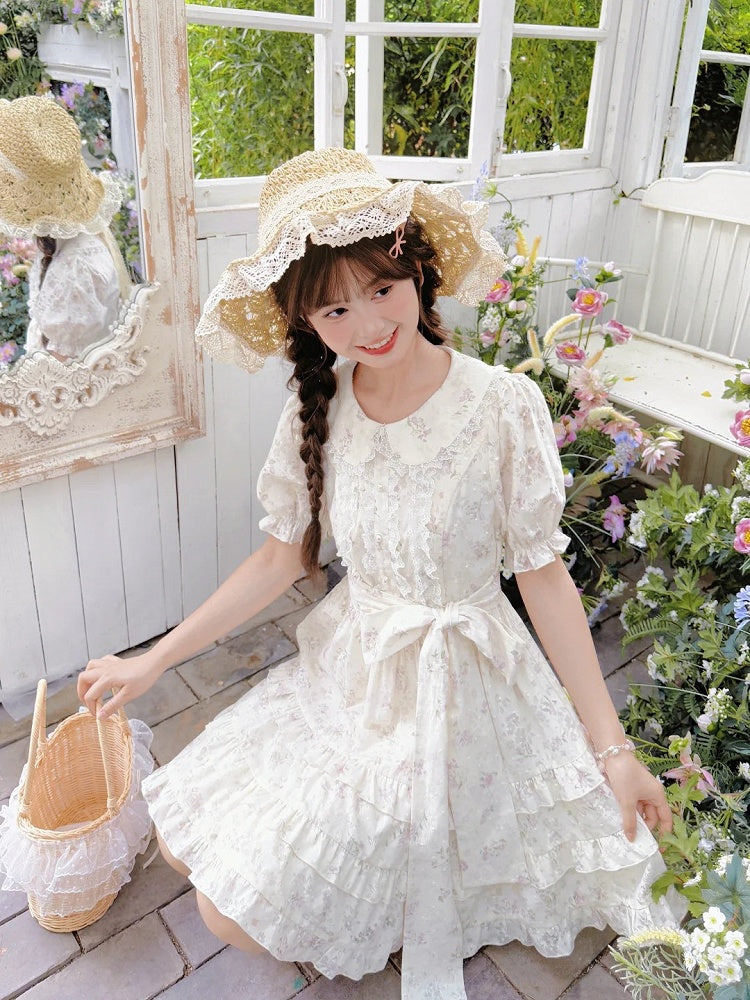 Bow Floral Dress White Peter Pan Collar Self-tie Waist Sweet