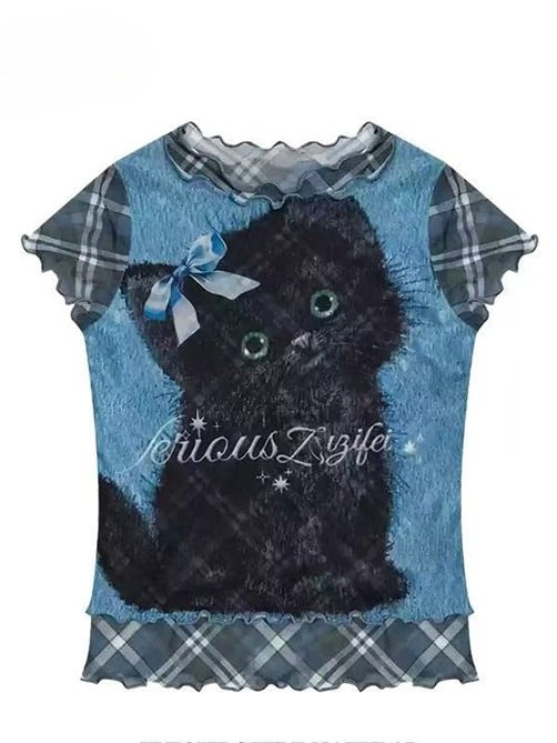 Plaid And Pattern Bittersweet Rolled Print Letter Cat Y2K Blue