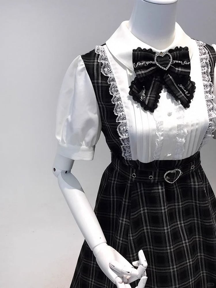 Bow Dress Two-Piece Detachable Kei Heart Plaid Black Belt Jirai Tie Design with Buckle Faux