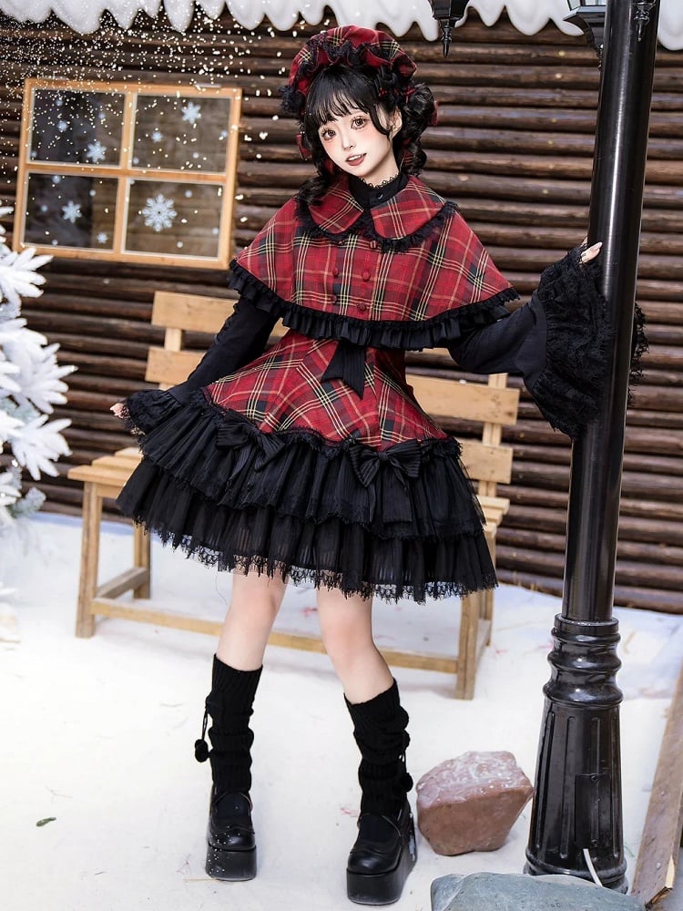 Rot karierter, mit schwarzen Schleifen verzierter, doppellagiger Gothic-Lolita-Pulloverrock mit Saum