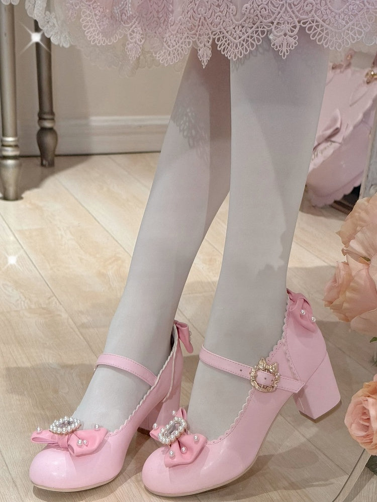 Schuhe Janes Bowknot Strass verziert und rund Mary Lolita Details Perlen Zehen rosa