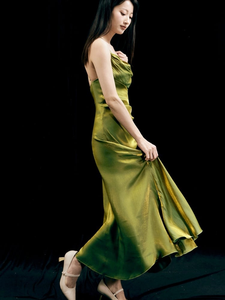Green Asymmetrical Flounce Hem Cami Dress