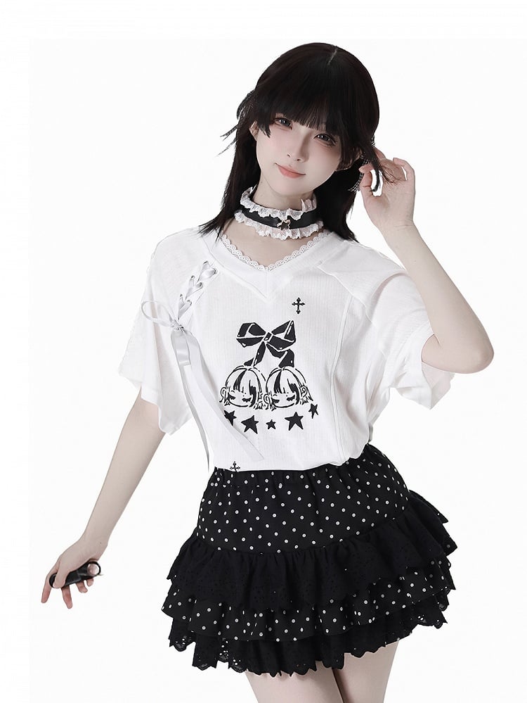 Gestufter Polka-Dot-Rock Pumphose Futter Schwarz Elastische Taille Spitzenbesatz