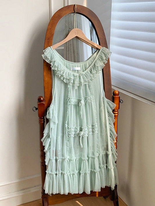 Pink Style Green House Dots Bow Ruffle Tulle and Details Mint Trim Overdress
