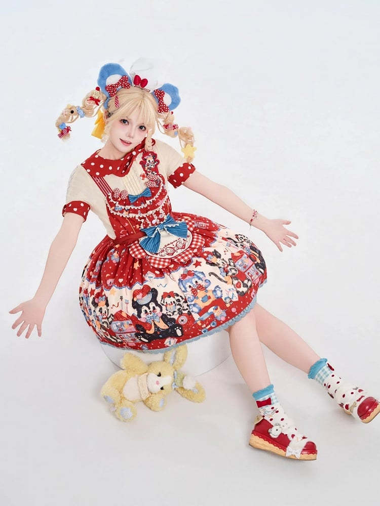Puppy's Toy House – Rotes süßes Lolita-Overallkleid/komplettes Set