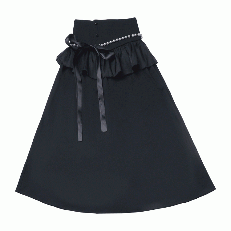 Black Cheongsam Waist Chain Corset Belt Set Free Style Long Skirt with Flounce Beaded Hem
