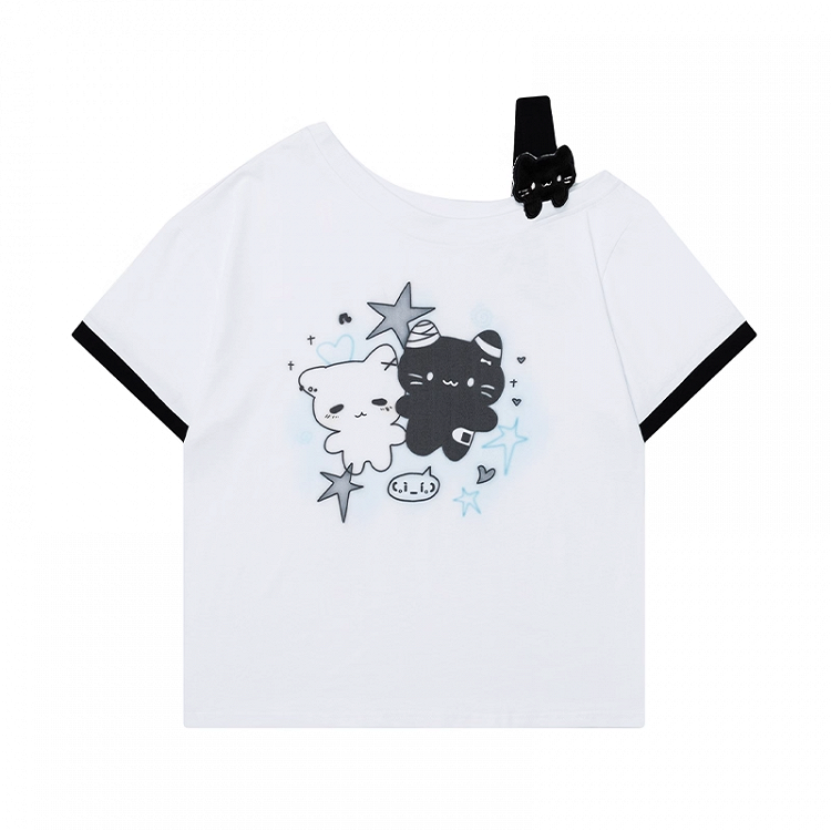 Asymmetrical Neckline T-shirt Cartoon Kitty Print Pink/Blue/Black