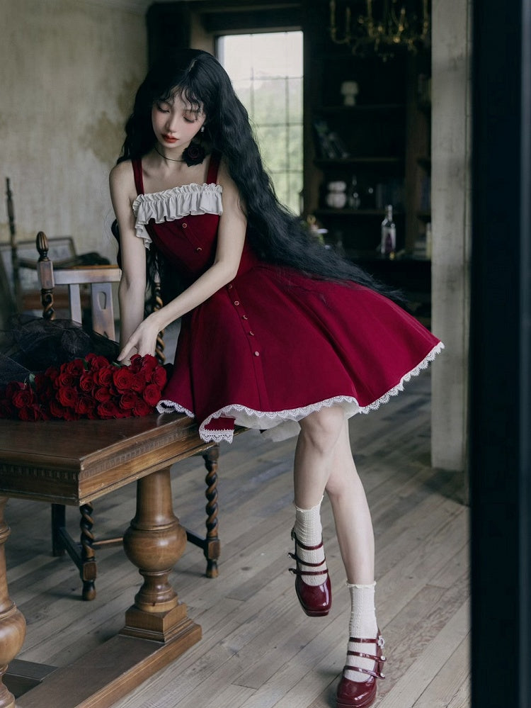 Dress Fit Lolita Slim Fashion Waist Red Elegant
