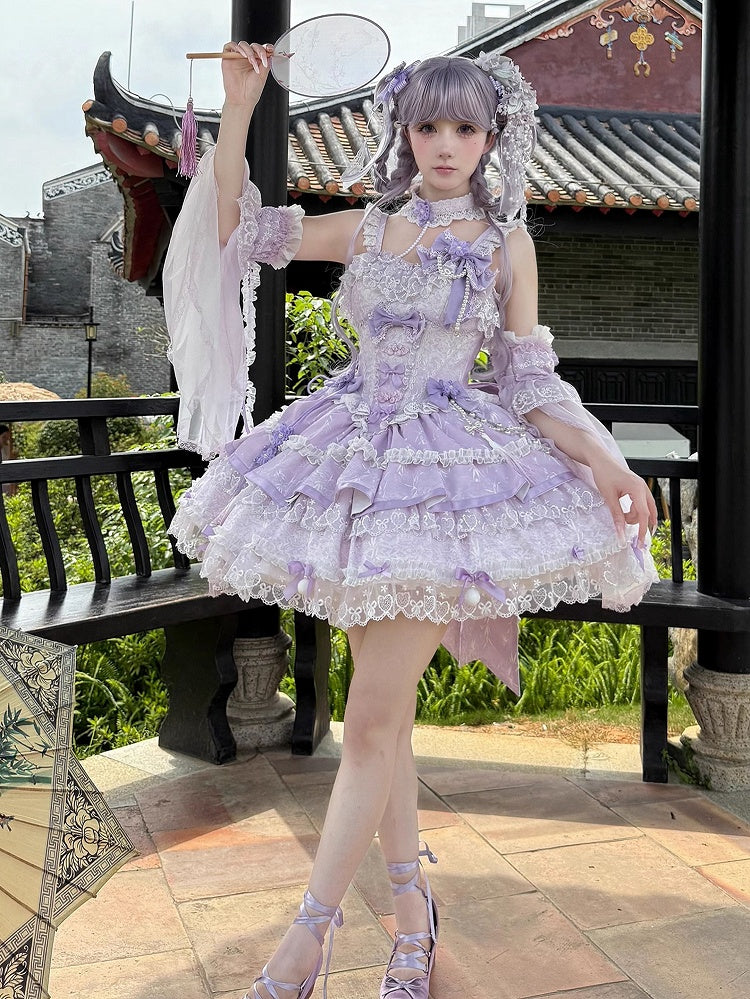 and Chains Dress Flower Lolita Waist Qi Corset Bow Bead Purple Accents