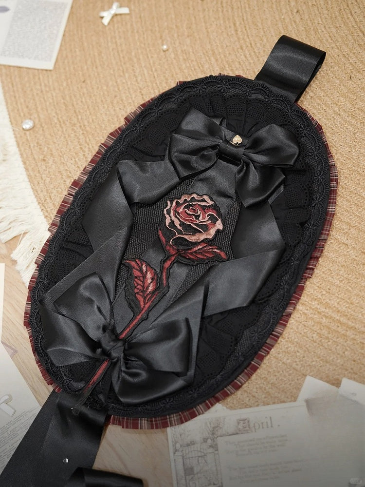 Accents with Lolita Bow Green/Red Embroidered Bonnet Black Rose