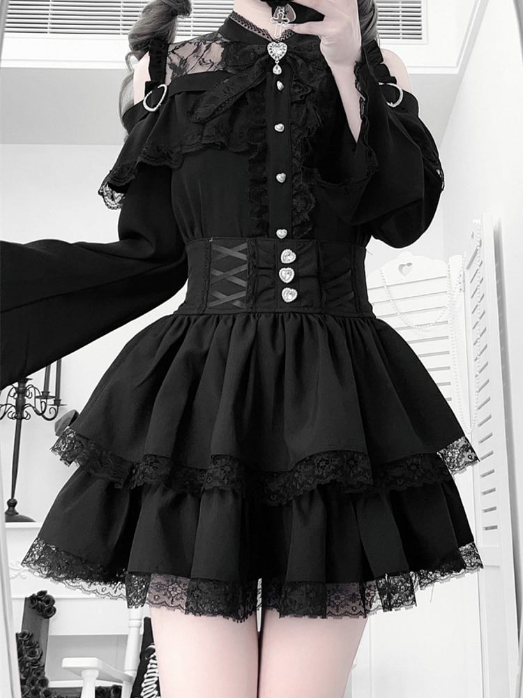 Offenes Jirai Kei Bell Shoulders Black Set: mit Top Three-Piece Sleeves All