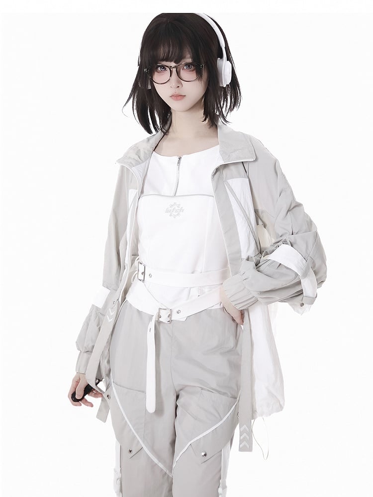 and White Techwear Sun Protection Jacket Gray Hem Colorblock Drawstring
